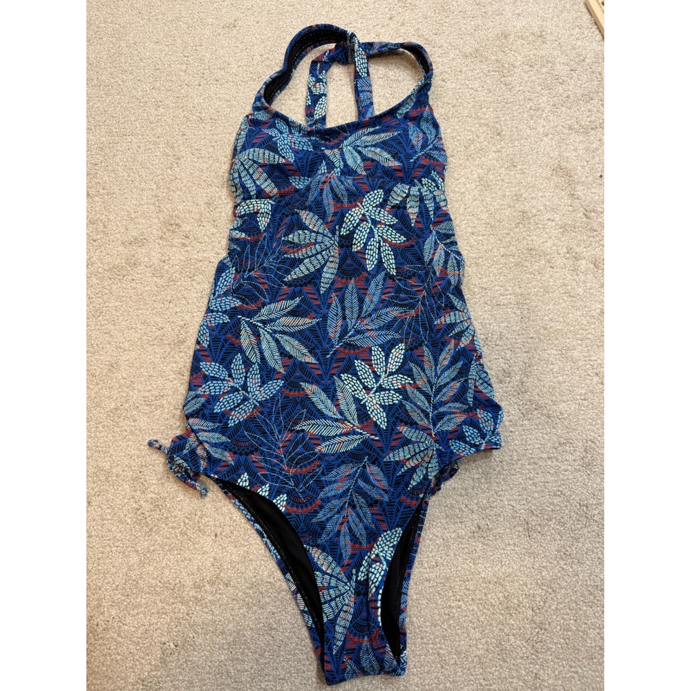 Cupshe One Piece Swimsuit Blue Leaf Print Halter Tie Back Women's Size M